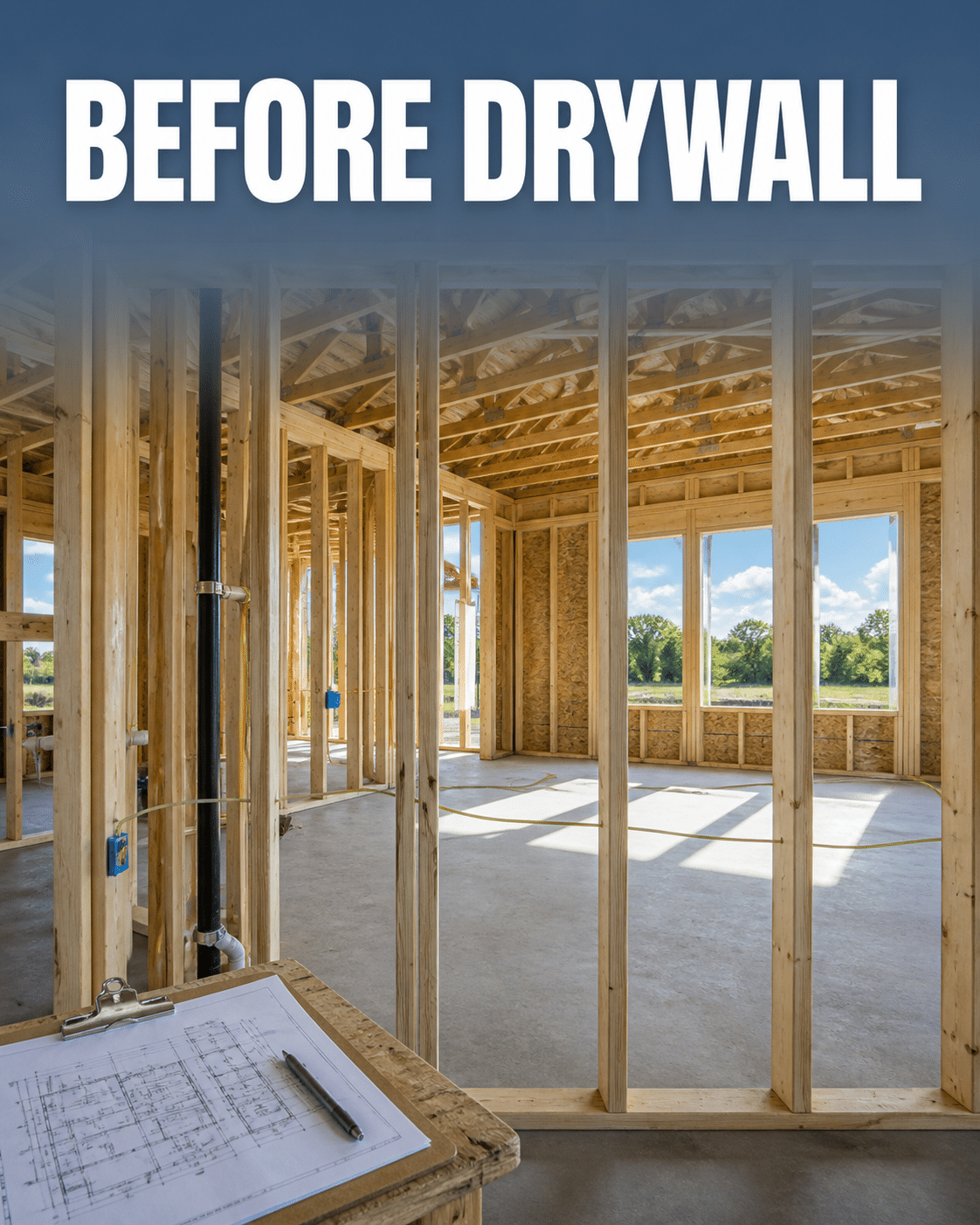New construction framing before drywall and insulation